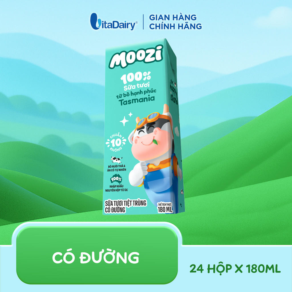 [COMBO 2 THÙNG 24 HỘP] Sữa tươi tiệt trùng Moozi có đường/ít đường 180ml - Thơm ngon dễ uống, Bổ sung năng lượng