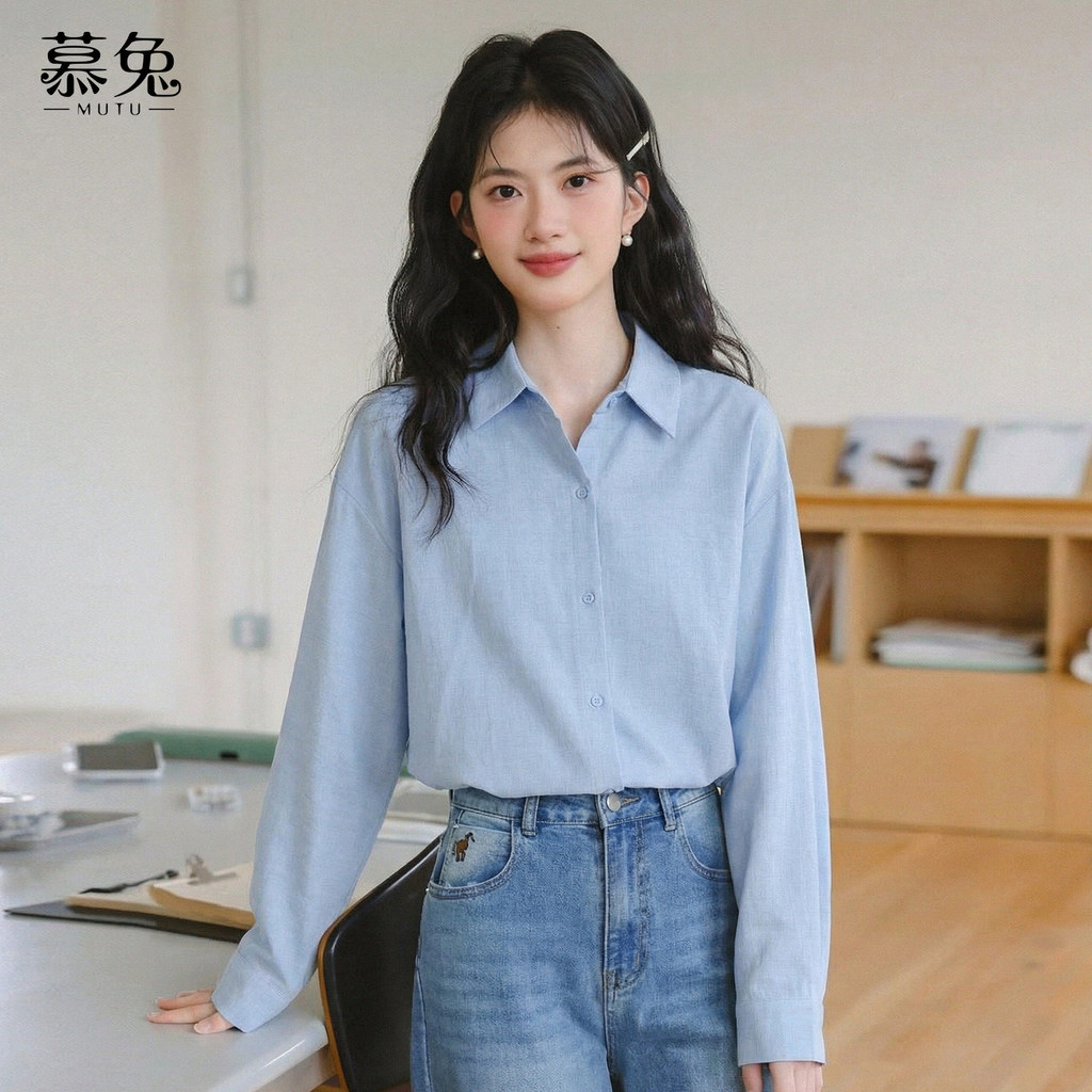 Mutu Áo Sơ Mi Lười Style Hàn Quốc, Màu Xanh, Tay Dài Thích Hợp Mùa Xuân