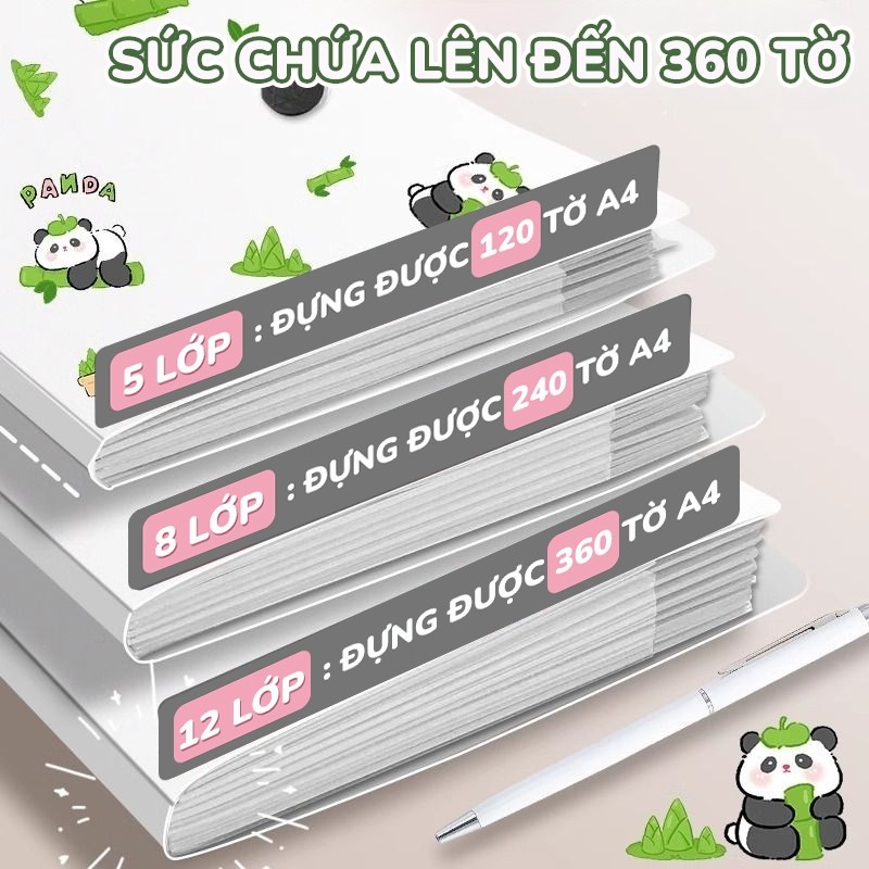 Túi đựng tài liệu A4 nhiều ngăn PP 8/12 – File đựng giấy tờ, hồ sơ kèm sticker gấu trúc cho học sinh và văn phòng