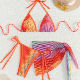 Đồ bơi bikini ba mảnh lưới dây với thiết kế cầu vồng nhiều màu sắc