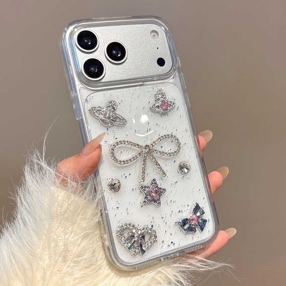 Ốp Điện Thoại Nhựa Nơ Kim Cương 3D Cho iPhone 17 Pro Max 16 15 14 13 Vỏ Bảo Vệ Chống Sốc