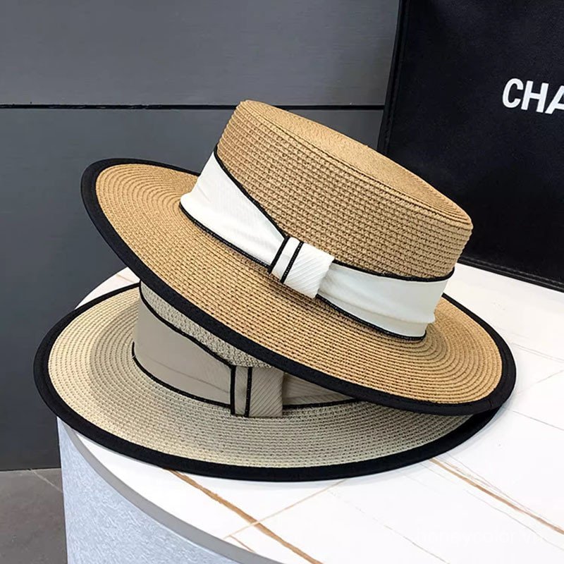 Mũ rơm phẳng kiểu Pháp mới dành cho nữ mùa hè ống hút fedora bên bờ biển chống nắng mũ đi biển mũ chống nắng