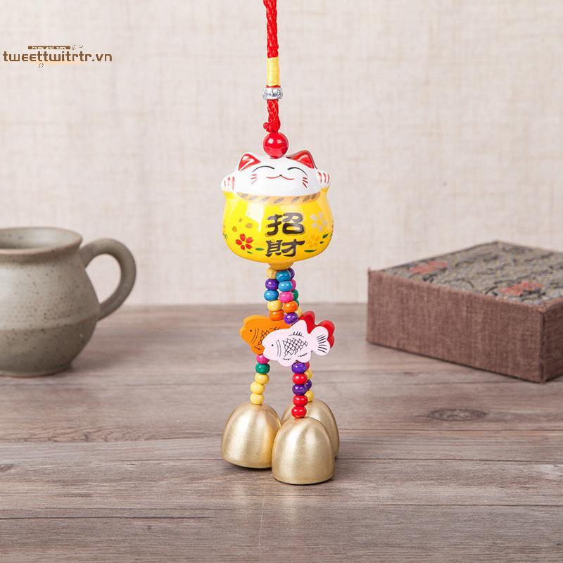 TRTR Fortune Cat Chuông Gió Gốm Treo Xe Trang Trí Sân Vườn Thủ Công Chuông Kim Loại VN