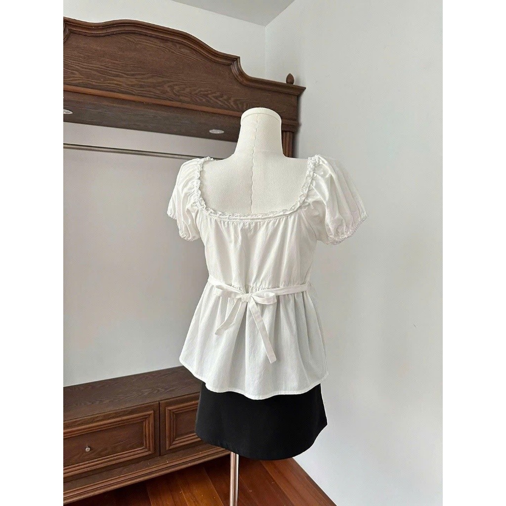 Áo babydoll ngắn tay cổ ren phối nơ kiểu Pháp dễ thương XIMIMI SP442