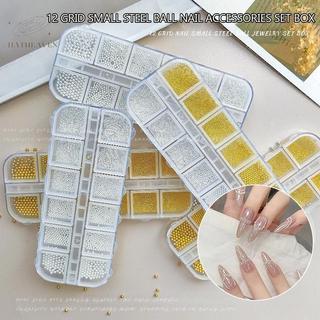 [hatheaven] 12 Lưới Móng Tay Nghệ Thuật Hạt Thép Nhỏ 0.6-2mm Kích Thước Hỗn Hợp 3D Thiết Kế Vàng Bạc Trang Sức Làm Móng Tay Đầu Charm Micro Ball DIY Trang Trí Đẹp