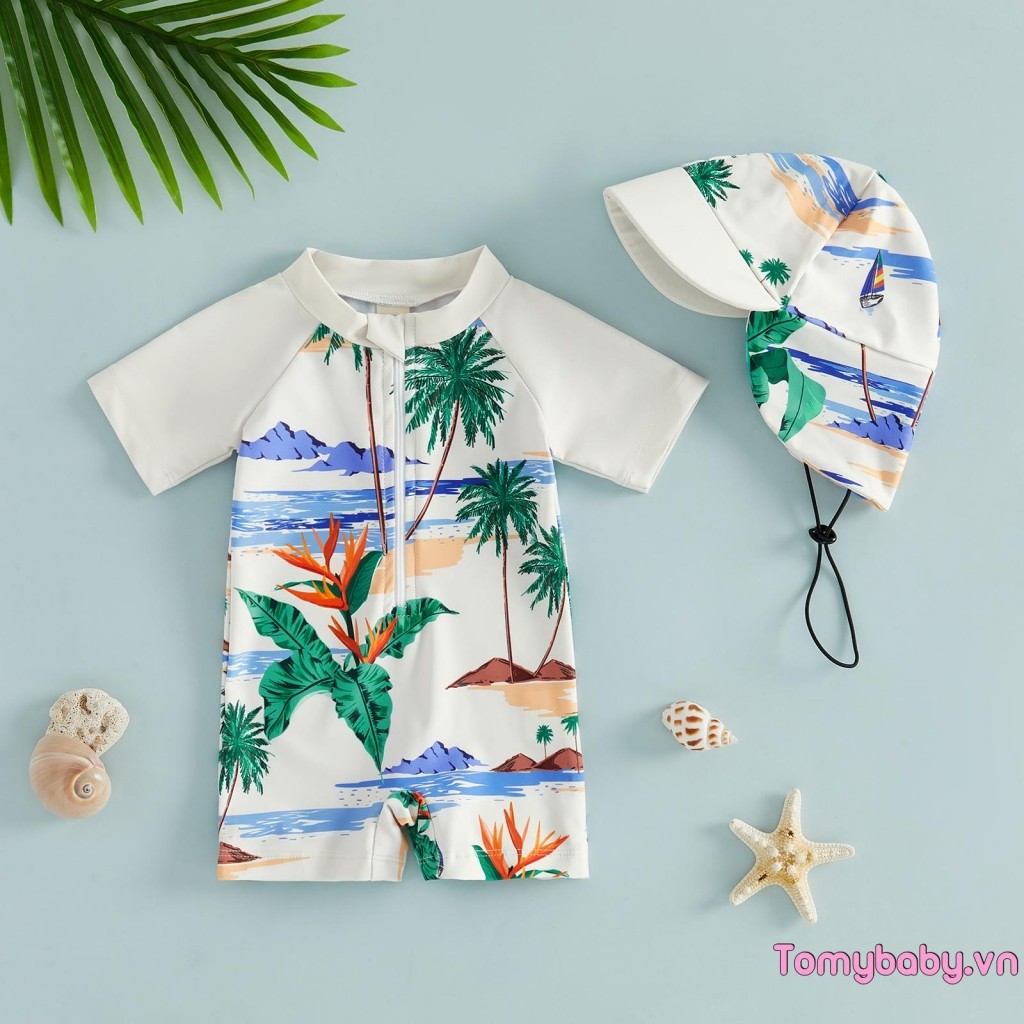 Đồ bơi trẻ em bé trai Rash Guard Cây nhiệt đới / Đồ bơi tay ngắn in hình động vật biển có nắp bơi