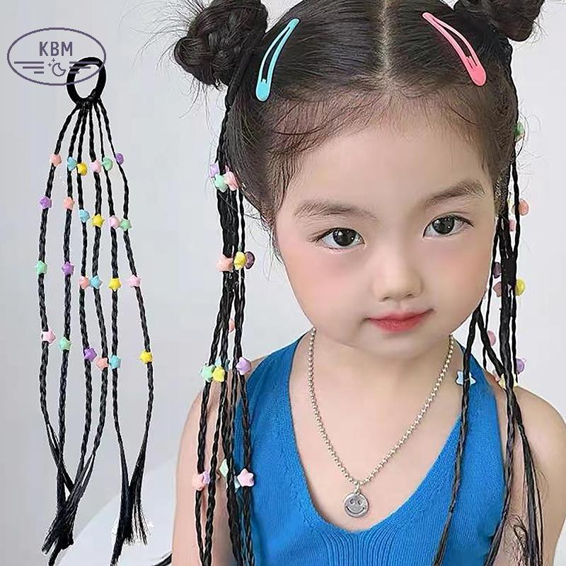 KBM 1 Bộ Bé Gái Ngôi Sao Năm Cánh Hoa Tóc Giả Đuôi Ngựa Dây Cao Su Phụ Kiện Tóc Trẻ Em Tóc Giả Bím FSSG
