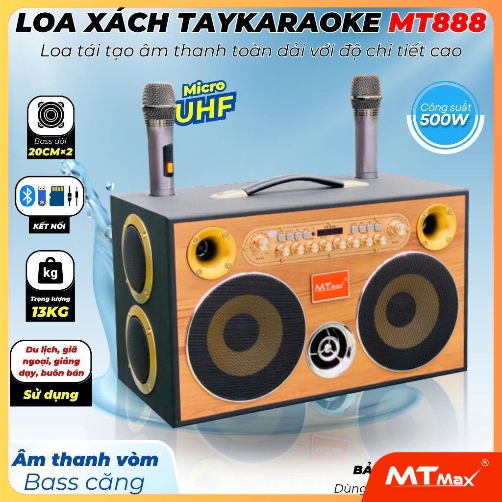 Loa Xách Tay Karaoke MTMAX MT888 Bass Đôi 20,4 Treb, 2 Trung Công Suất 500W - Đi Kèm 2 Micro UHF