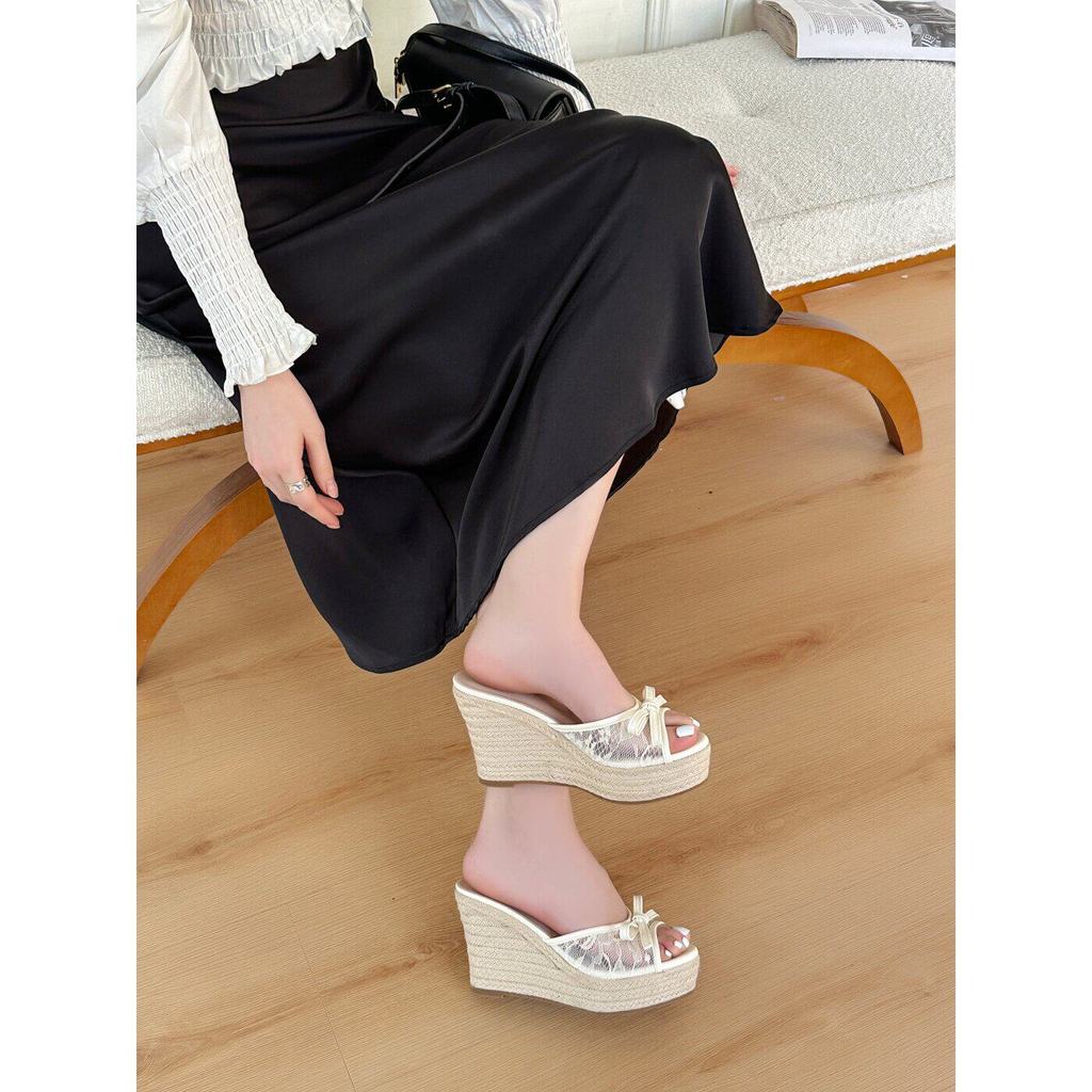 TT Nêm Gót Sandal Dép Nữ Mùa Hè Đế Dày Gai Dây Bện Nơ Cao Gót