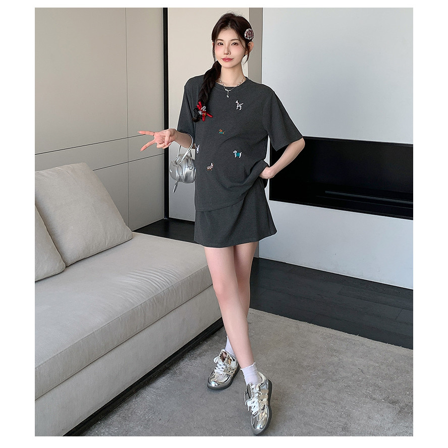 Bộ đồ bà bầu Áo thun cổ tròn + Váy Bộ đồ hai mảnh