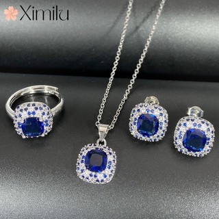 ♥ Thời Trang Sang Trọng Xanh Tanzanite Bộ Trang Sức Nhẫn Vàng Trắng Bông Tai Bé Gái Tính Khí Mặt Dây Chuyền Sapphire Vòng Cổ Bạc Quà Tặng Tinh Tế