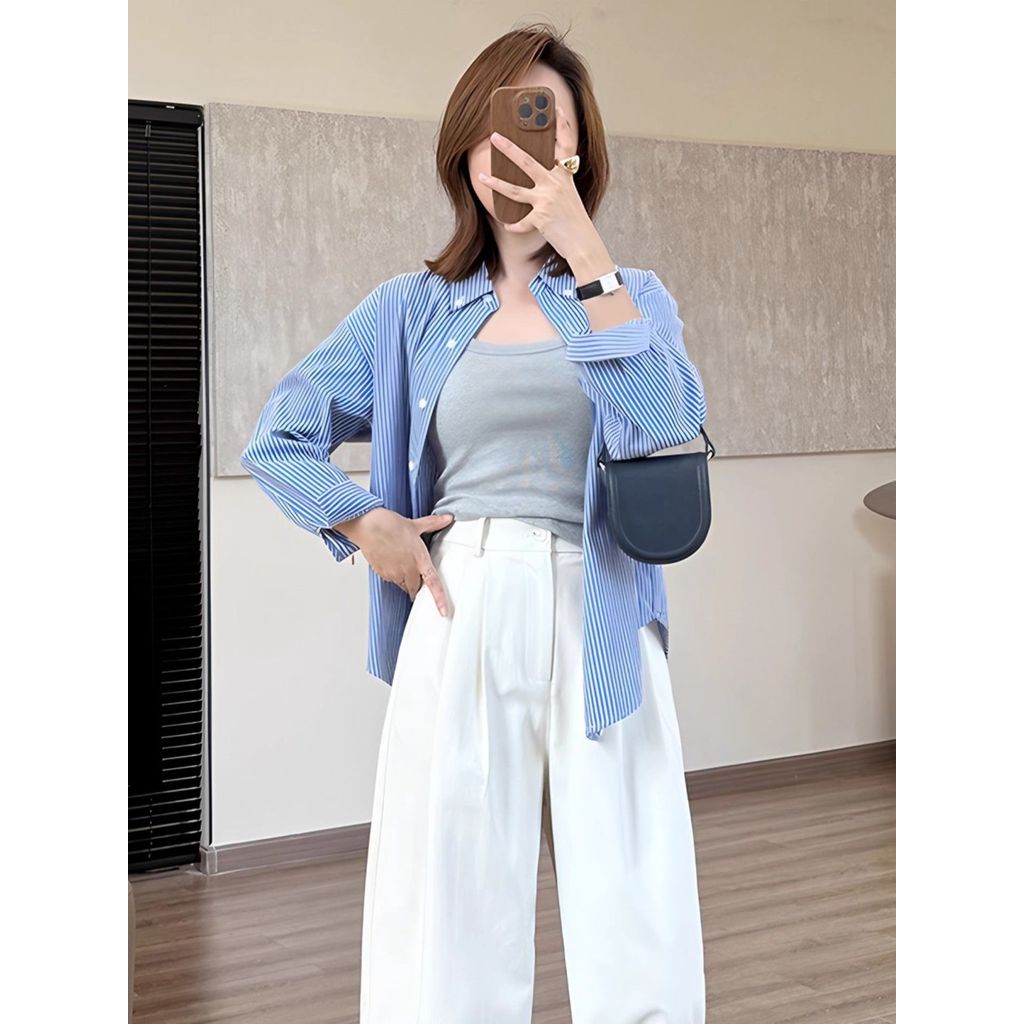 Slim Eo Nữ Thời Trang Sọc Dài Tay Áo Sơ Mi Nữ Cổ Áo Sơ Mi