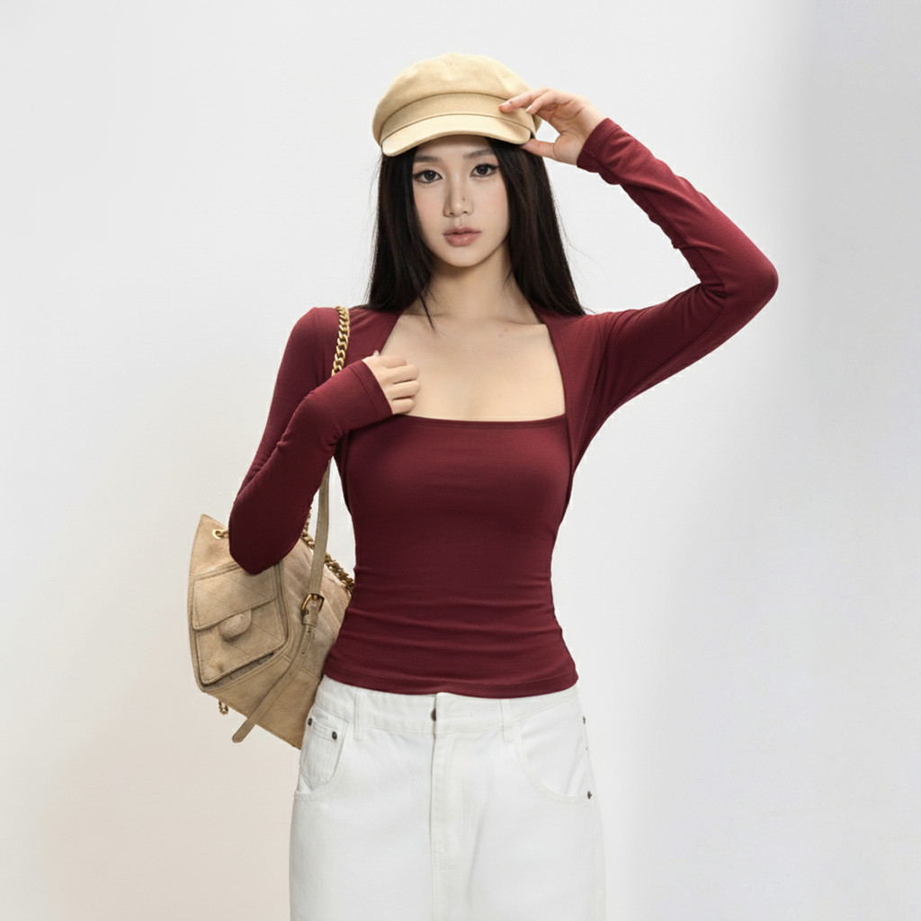 Áo Thun Nữ Ôm Cổ Vuông Tay Dài  Kiểu Cúp Ngực Cá Tính A5149222
