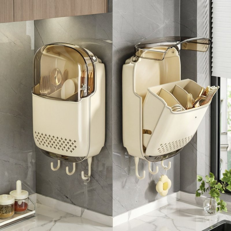 hộp đựng đũa muỗng gắn tường khay thoát nước nắp chống bụi nhựa ABS cao cấp màu trắng tiện lợi bếp