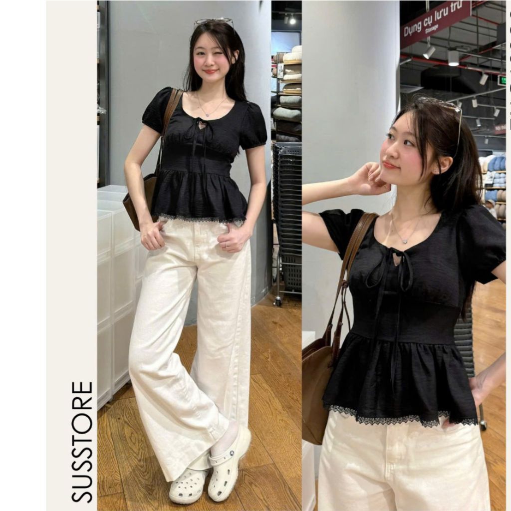 Áo Kiểu Nơ Buộc Bo Eo Tay Bồng Pha Ren A31177 Thời Trang Nữ Bigsize - Sam Botique