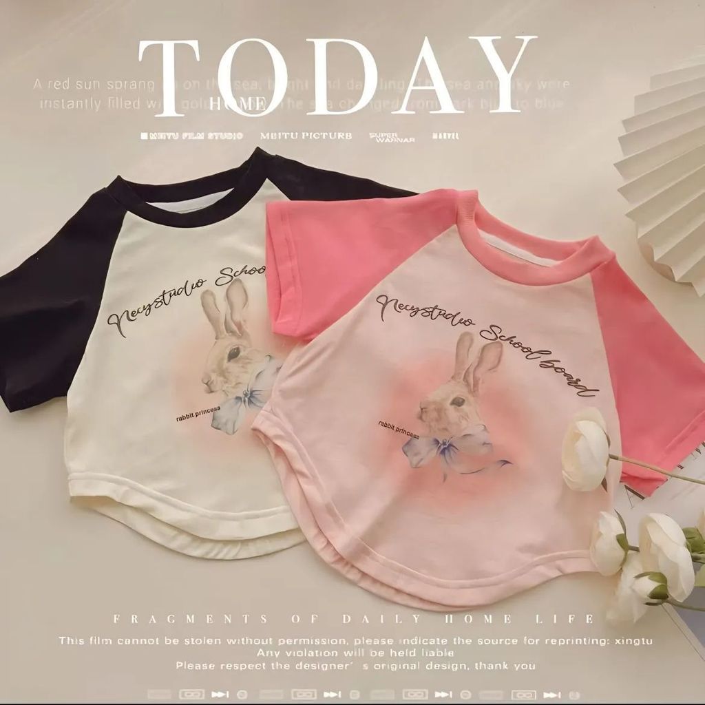 Bé Gái Raglan Áo Thun Tay Ngắn Mùa Hè Phiên Bản Hàn Quốc Hoạt Hình Thỏ Mặc Bên Ngoài Áo Sơ Mi Đế Thời Trang Phù Hợp Với 90-140 Kích Thước GVXI