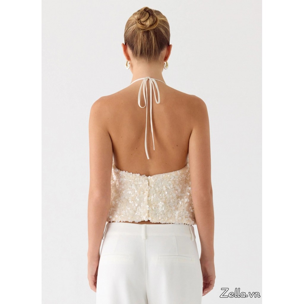 Áo Tank Top Crop Halter KimSa Lấp Lánh Phong Cách Cổ Bò Cho Mùa Hè