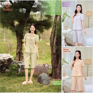 Bộ pijama nữ áo cộc quần ngố họa tiết caro kate mềm mại, mát, thấm hút tốt SUNFLY ST9349