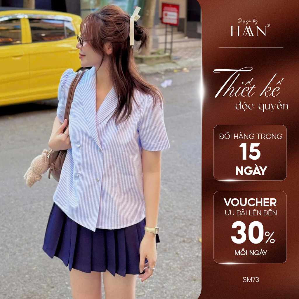 Áo Sơ Mi Nữ Ngắn Tay Cổ Vest Cúc Hai Hàng, Sơ Mi Kẻ Nữ Công Sở Kiểu Hàn Quốc Trẻ Trung - SM73