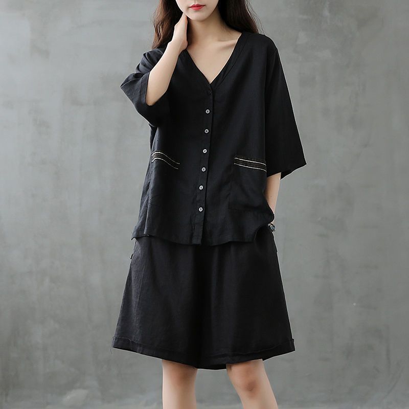 Áo vải cotton-linen, quần short ống rộng dáng suông, bộ hai mảnh giả linen thời trang mùa hè mới dành cho nữ.