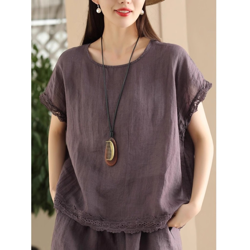 Bộ đồ thời trang mùa hè dành cho nữ, gồm áo rộng rãi và quần short ống rộng, chất liệu cotton lanh