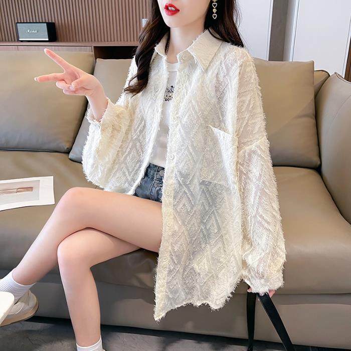 Áo chống nắng kiểu Hồng Kông mới dành cho nữ, áo khoác ngoài thời trang, dáng rộng, áo lưới mỏng mùa hè, áo dài vừa phải