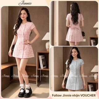 Váy Đầm Kẻ Caro Nữ Dáng Suông Cổ Tròn Cúc Bọc Đai Lưng, Váy Kẻ Sọc Ulzzang Hàn Quốc