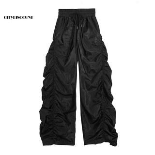 Quần ống rộng nữ co giãn, lưng cao có túi, thiết kế shirring, phù hợp xuân thu