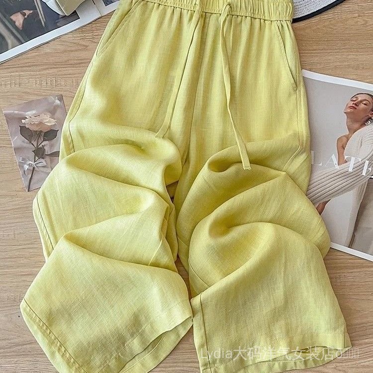 Quần ống rộng eo cao màu vàng chất liệu linen drap - Phong cách mỏng nhẹ,deal ưu đãi mùa hè