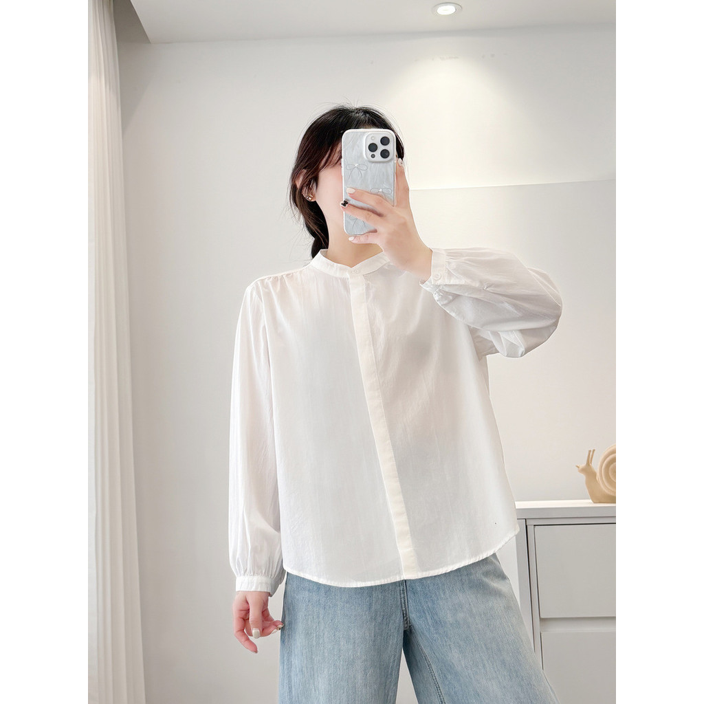 Áo sơ mi nữ trắng trơn cotton, cổ tròn, dễ giặt, phù hợp mùa xuân