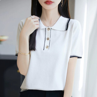 Áo sơ mi nữ dệt kim tay ngắn cổ polo, màu sắc Hàn Quốc, thoáng mát cho mùa hè