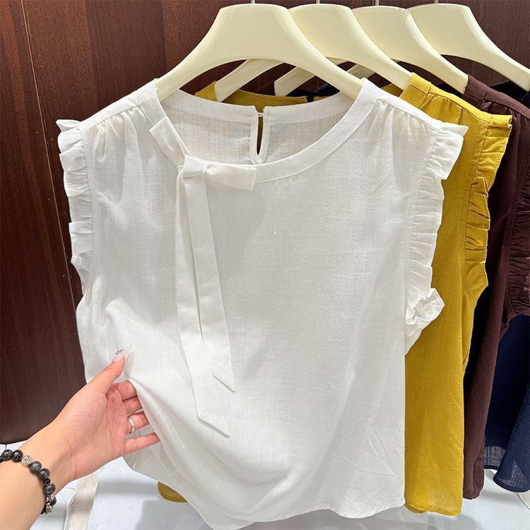 Áo nơ cổ tròn phong cách Hàn Quốc màu đen, phù hợp mùa hè