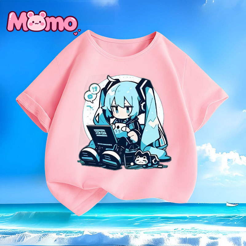 Áo thun trẻ em cổ tròn ngắn tay in hình hoạt hình Hatsune Miku dành cho bé trai và bé gái