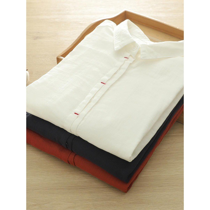 [Sẵn sàng] Áo sơ mi nữ 100% cotton chất lượng cao Áo sơ mi thêu nghệ thuật đơn giản Nút thắt dáng rộng cho bé Áo sơ mi đáy cotton
