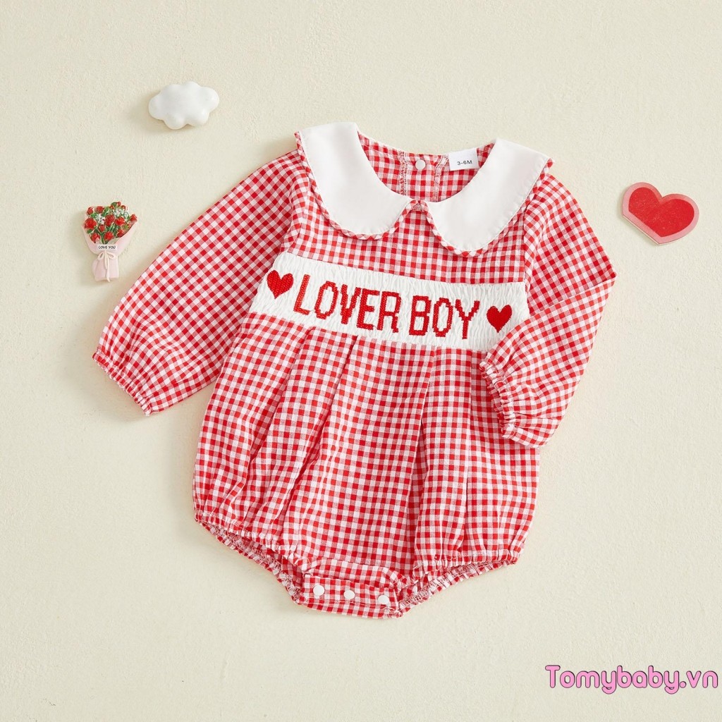 Bé Gái Ngày Lễ Tình Nhân Áo Liền Quần Kẻ Sọc In Hình Búp Bê Dài Tay Cổ Bong Bóng Jumpsuit