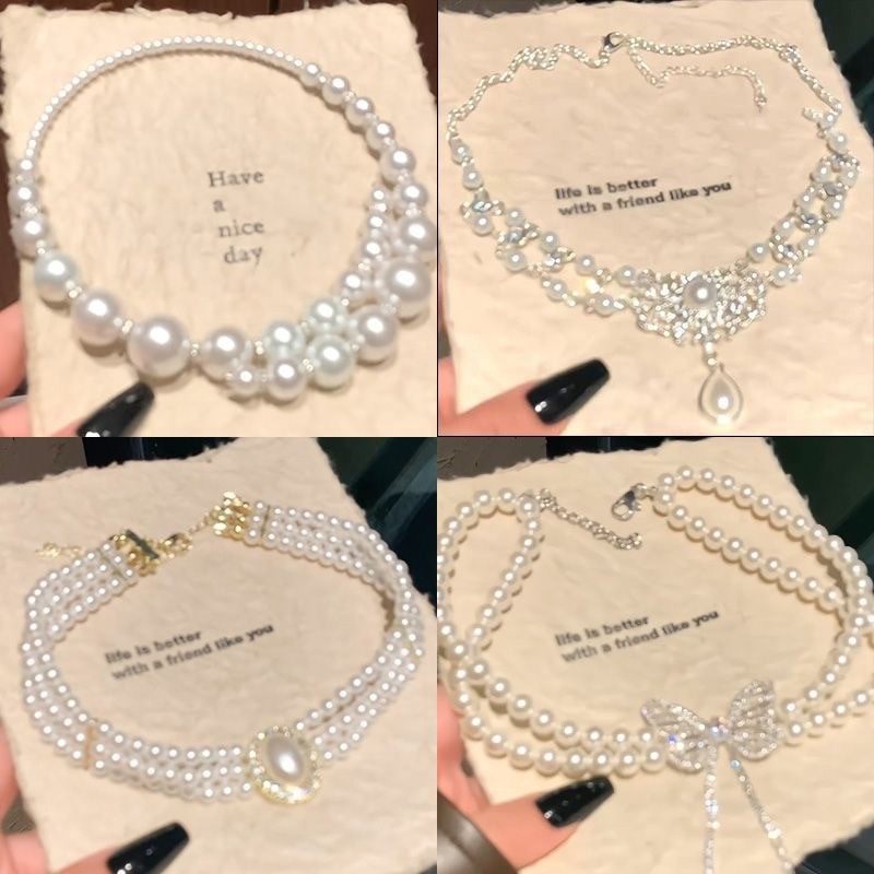 Pháp Ánh Sáng Sang Trọng Ngọc Trai Bướm Vòng Cổ Nữ Cao Cấp Xương Đòn Dây Chuyền Hepburn Phong Cách Cô Dâu Vòng Cổ Cưới