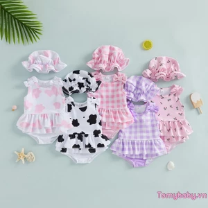 Đồ bơi bé gái mới biết đi Áo bơi xù không tay + Quần + Mũ chống nắng 3 chiếc Bộ đồ tắm trang phục