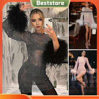 Cor Fur Cuff Dress Tay dài Slim Fit Dress Đầm dạ hội lấp lánh với vòng bít lông xù Vòng cổ dài tay Sheer Slim Fit Thanh lịch quyến rũ cho các tín đồ thời trang Đông Nam