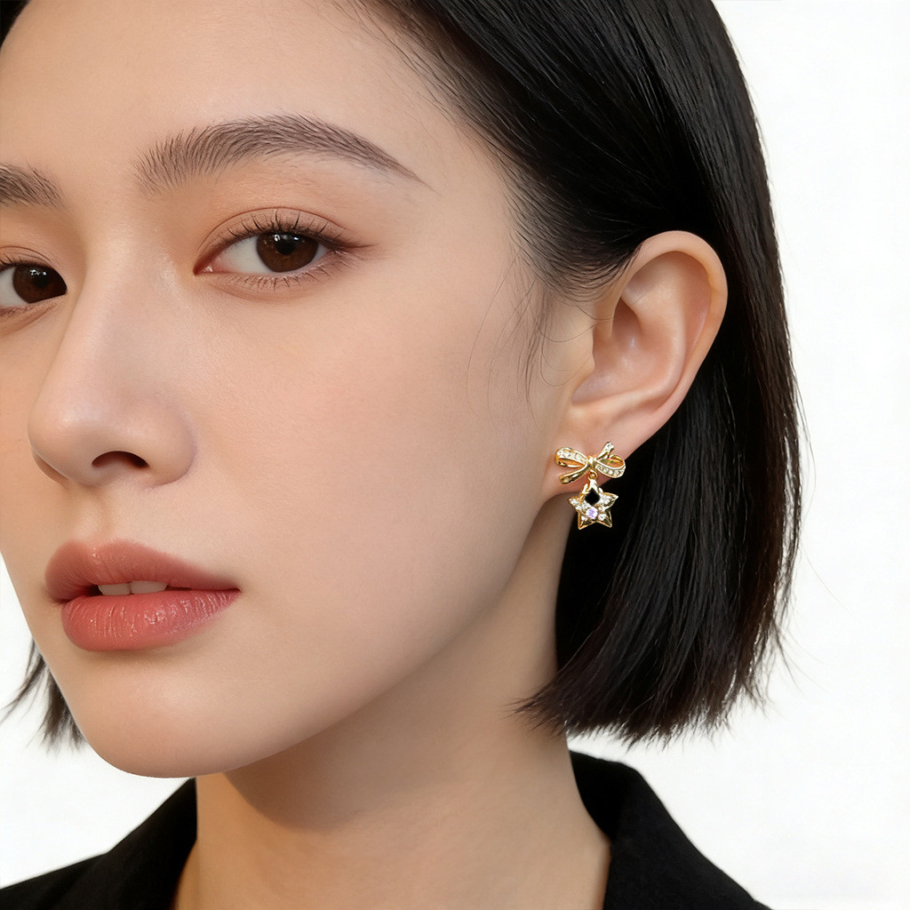 Bông tai kim bạc Meteor Bow Zircon 925 dành cho nữ Thiết kế Niche