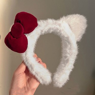 Bờm cài tóc tai mèo lông xù nơ đỏ màu trắng siêu cute cho bạn nữ