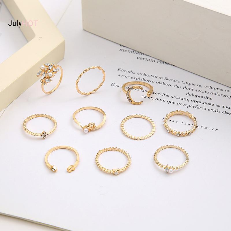 Đồng Set 10 Nhẫn Retro Với Thiết Kế Ngôi Sao, Mặt Trăng và Ngọc Trai - Phù Hợp Cho Các Chủng Mẫu