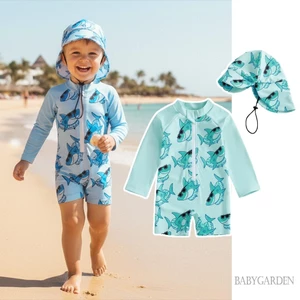 Trẻ mới biết đi Bé trai Rash Guard Đồ bơi in hình cá mập dài tay có khóa kéo lên Bộ đồ tắm có mũ chống nắng