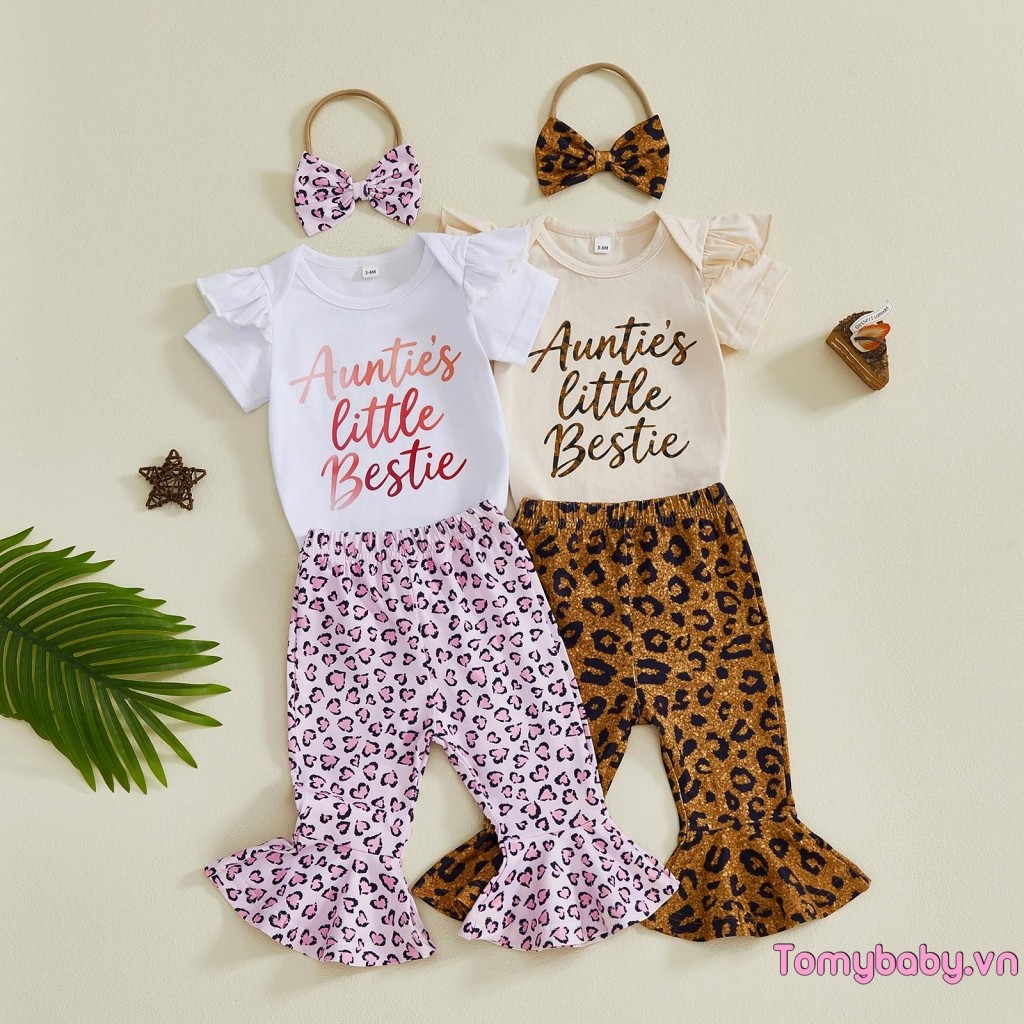 Bộ trang phục mùa xuân cho bé gái Áo liền quần ngắn tay + Quần loe họa tiết da báo + Băng đô nơ Bộ 3 chiếc