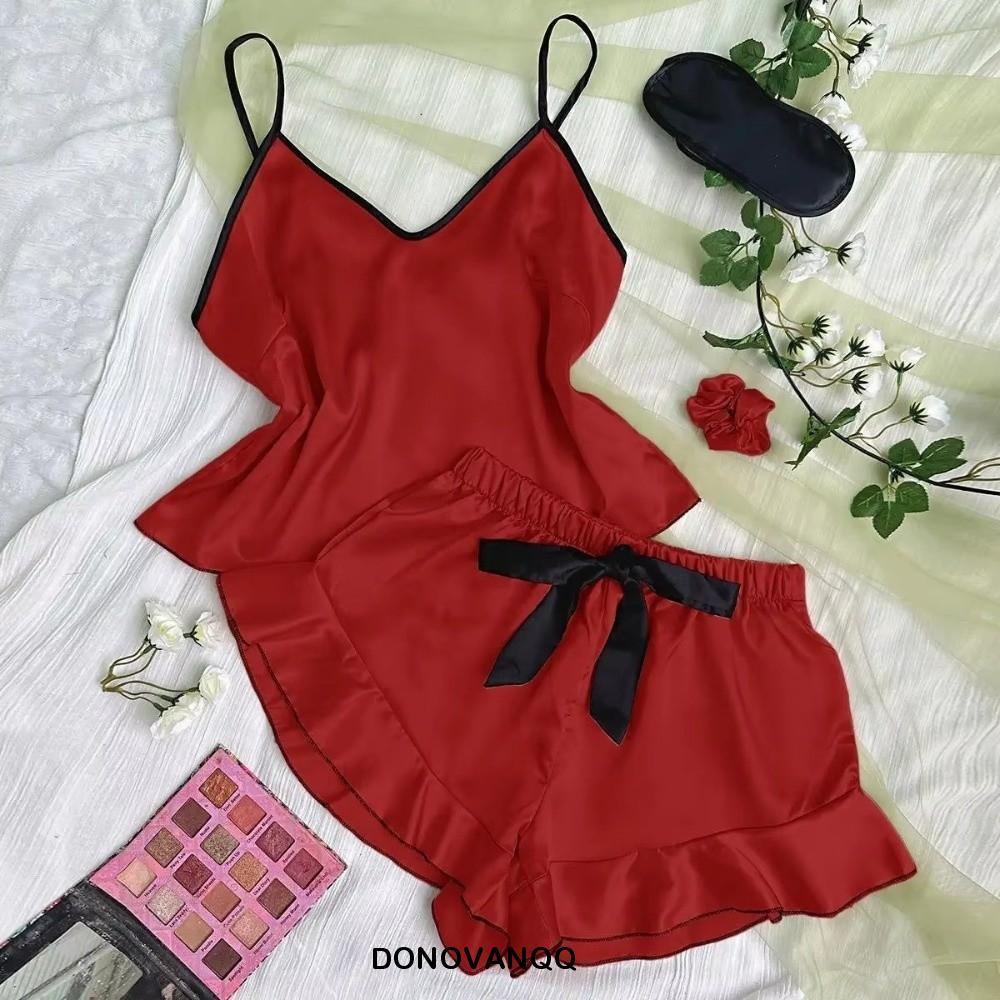 Bộ đồ ngủ hai mảnh nữ cổ chữ V, chất liệu satin lụa mềm mại với ren, thời trang cho hàng ngày
