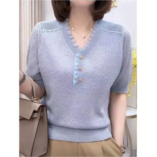 Áo Thun Cổ Chữ V Tay Ngắn Cho Nữ, Thiết Kế Ren Cổ Điển Xu Hướng Hàn Quốc, Thích Hợp Mặc Mùa Hè