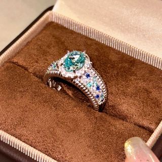 Nhẫn nữ đá zircon xanh biển họa tiết hoa, phong cách châu âu mỹ hiện đại