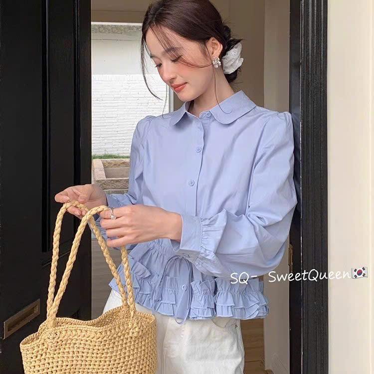 (HÀNG QCCC) Áo sơ mi nữ cổ sen tay bồng rút eo cách điệu phối bèo chất liệu thô cotton XIMIMI SP443