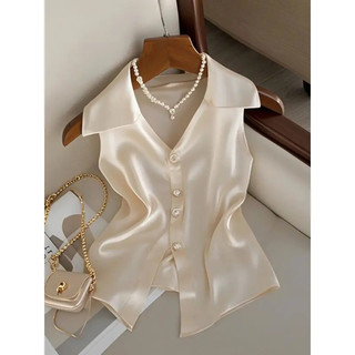 Áo sơ mi voan satin kích thước lớn, phong cách cổ chữ V ngọt ngào không tay, chất liệu satin thoáng mát phù hợp mùa xuân và thu