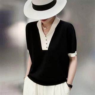 Áo thun tay ngắn dệt kim mỏng, cổ chữ V, style Hàn Quốc, dễ mặc hàng ngày