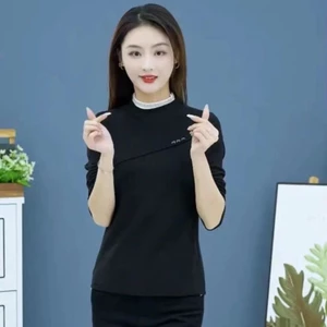 Áo thun nữ cao cấp mùa xuân, cổ cao, dáng rộng, giúp giảm béo và giữ ấm